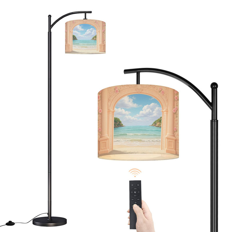 Arc Floor Lamp Romantic Beach View Elegant Arch Pink Roses Ocean Horizon Floor Lamps with Remote LED Lights Adjustable Lamp Shades Tall Standing Lamps for Reading Office Living Room
