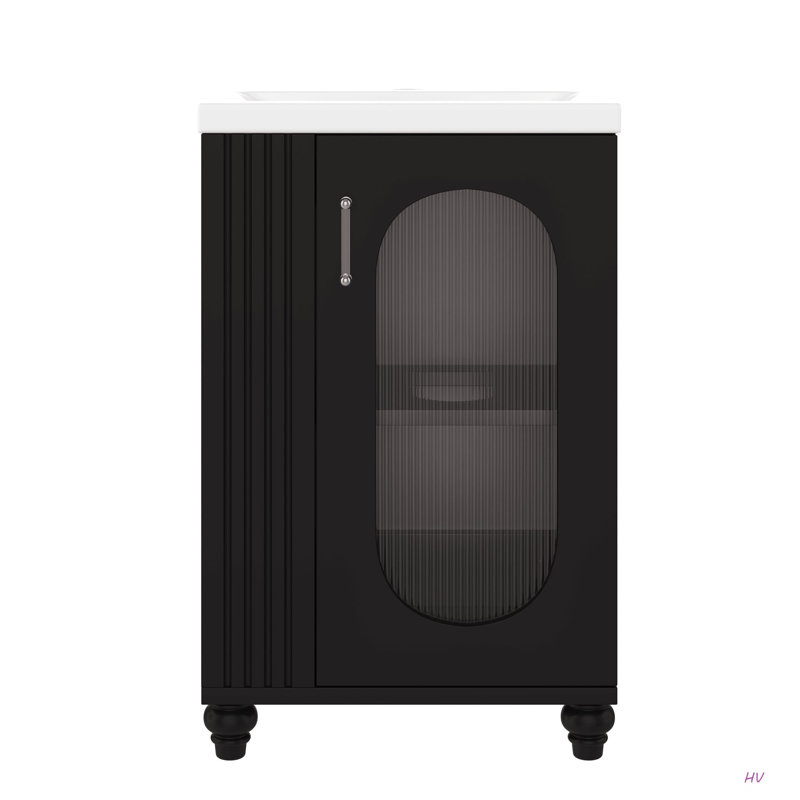 Meuble-lavabo de 20 po avec lavabo, meuble-lavabo avec tablette à deux niveaux, tablette réglable, bois massif et panneau de fibres à densité moyenne