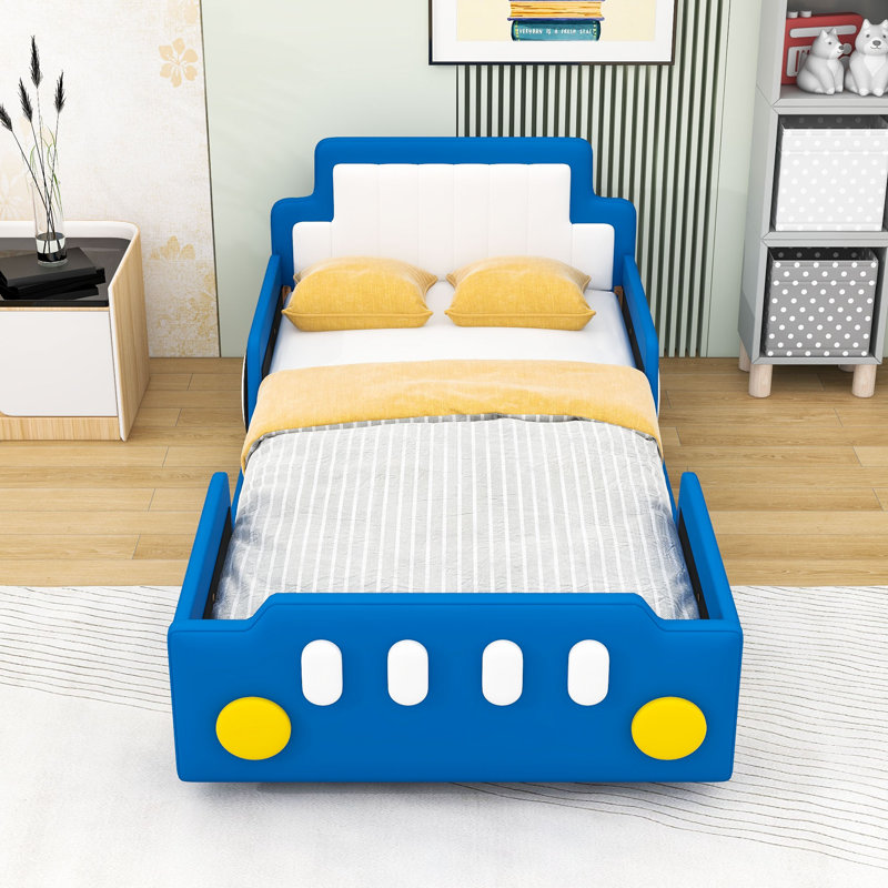 Twin Size Race Car-Shaped Platform Bed With Wheels And Slats, Blue