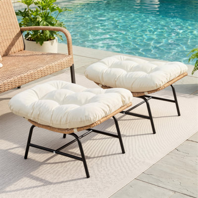 Nellysford Wicker Outdoor Ottoman (Set of 2), Upholstered Patio Footrest with Metal Frame for Deck, Porch Lounge Chair