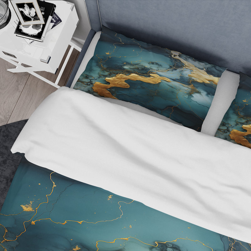Ensemble de housse de couette en marbre abstrait doré et vert V, Housse de couette pour grand lit et 2 taies décor