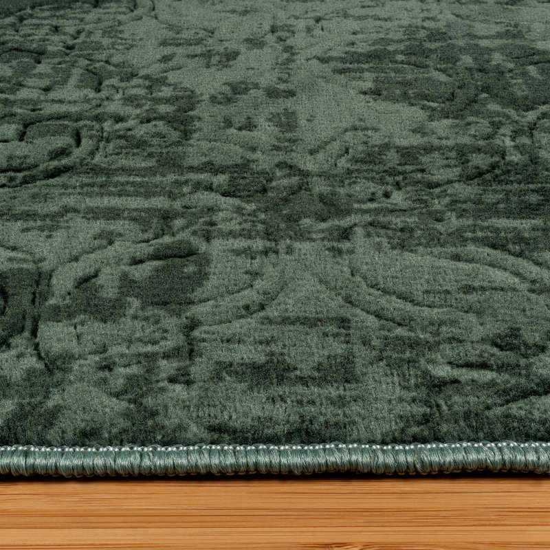 Aubepine Thandi Dark Green Embossed Transitional Geometric Indoor Area Rug, Soft Polyester – Living Room & Bedroom - Green, 4x6