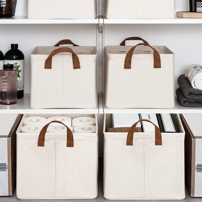 Ensemble de 4 paniers de rangement en tissu avec cadre en métal, blanc cassé