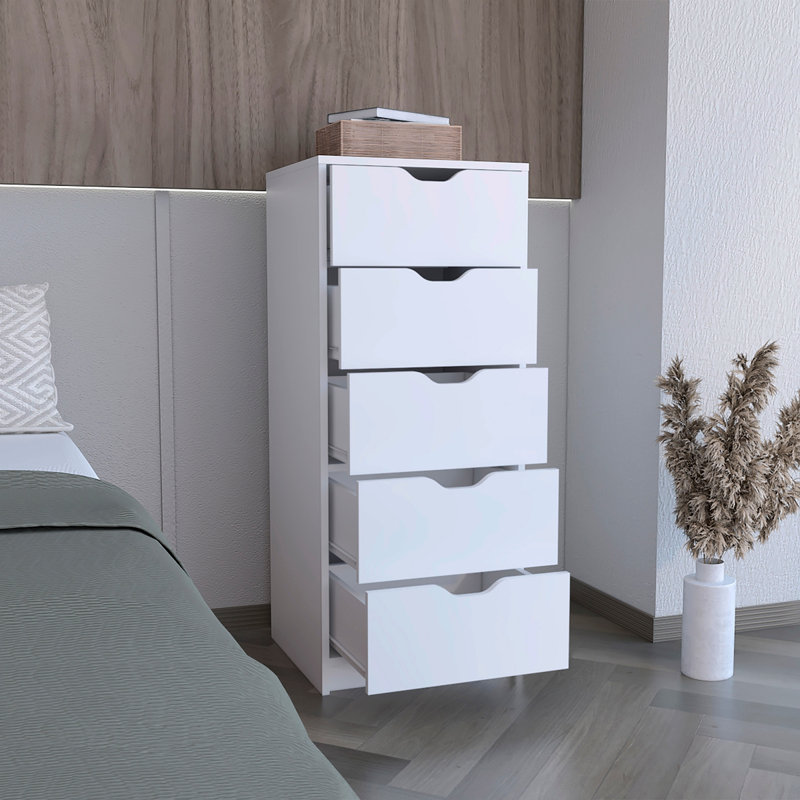Commode haute 5 tiroirs Basilea, système coulissant - Blanc, Blanc