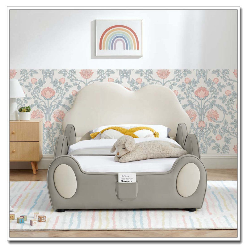 Mignon lit pour enfants en cuir de polyuréthane avec garde-corps et lit de sécurité pour tout-petits, Beige