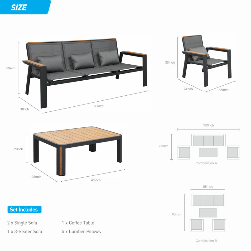 Higold - 2031 Geneva 4 Pieces Patio Conversation Set, 5 Seaters Outdoor Sofa, Made Of Space Aluminum, Teak Wood, Textile, Matte Charcoal Powder Coating