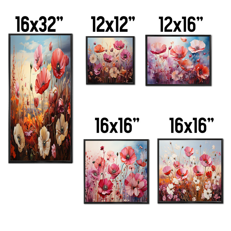 «Pink Crimson Flower Meadow Field V», ensemble de 5 reproductions d'art mural, Cadre flottant noir