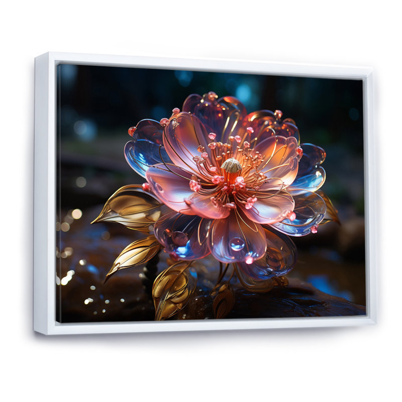 Fleurs de cristal rose sur toile, Cadre flottant blanc, H 30 po x l 40 po x P 1,5 po