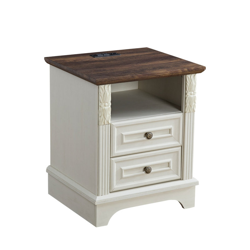 Farmhouse 2-Drawer Nightstand with Charging Station, For Bedroom or Living Room Side Table, Brown/White