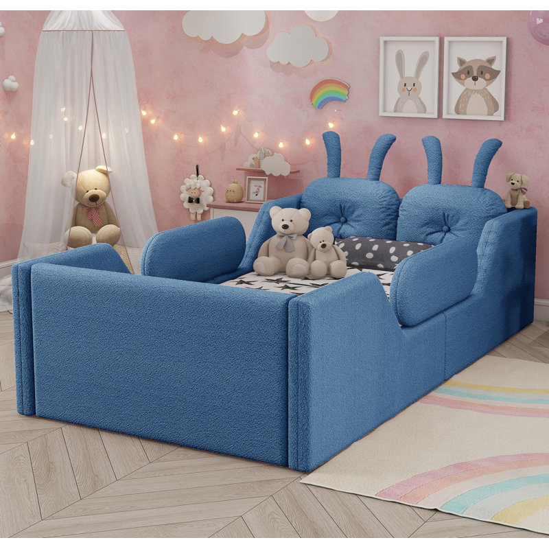 Lit plateforme tapissier simple avec coussin en lapin, lit tapissier pour enfants avec rails latéraux amovibles, bleu, Bleu