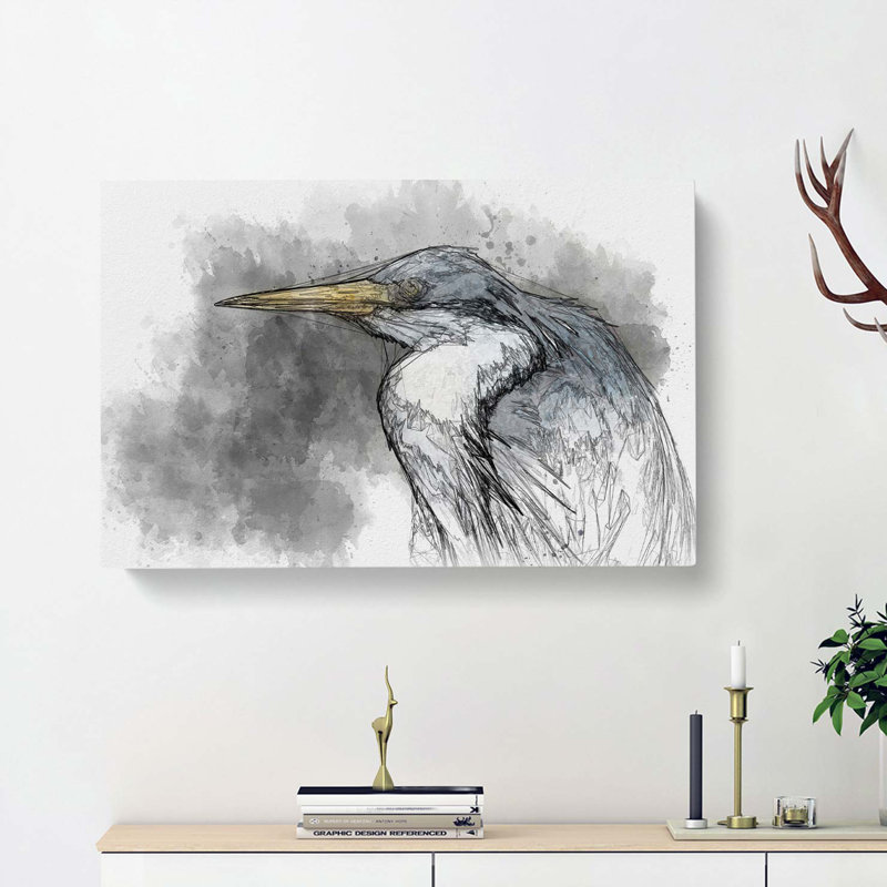 Pied Heron in Abstract - Wrapped Canvas Drawing - Wrapped Canvas, 60cm H x 91cm W x 3cm D