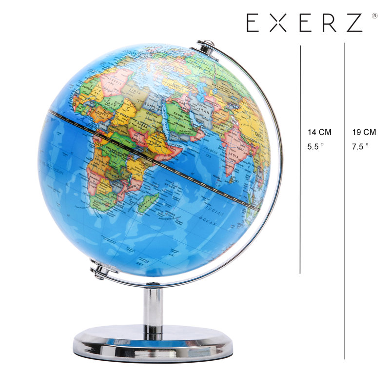 Exerz World Globe Political Map - Educational Globes Geographic - Stainless Steel Arc And Base - School Home