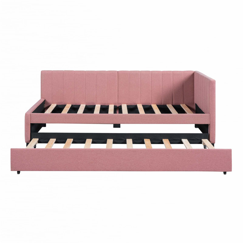 Upholstered Daybed with Trundle Twin Size Sofa Bed Frame No Box Spring Needed, Linen Fabric, Twin, Pink