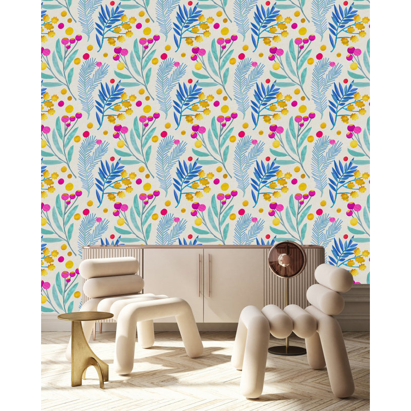 Panneau de papier peint adhésif à feuilles bleues et baies bleues, L 125 po x l 25 po