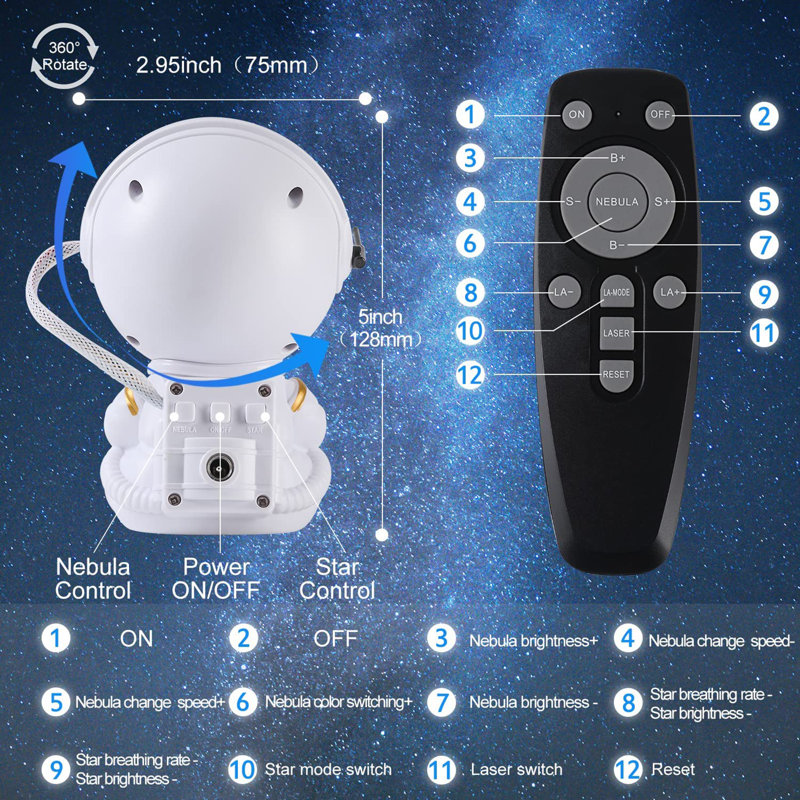 Astronaute blanc avec projecteur étoile galaxie veilleuse