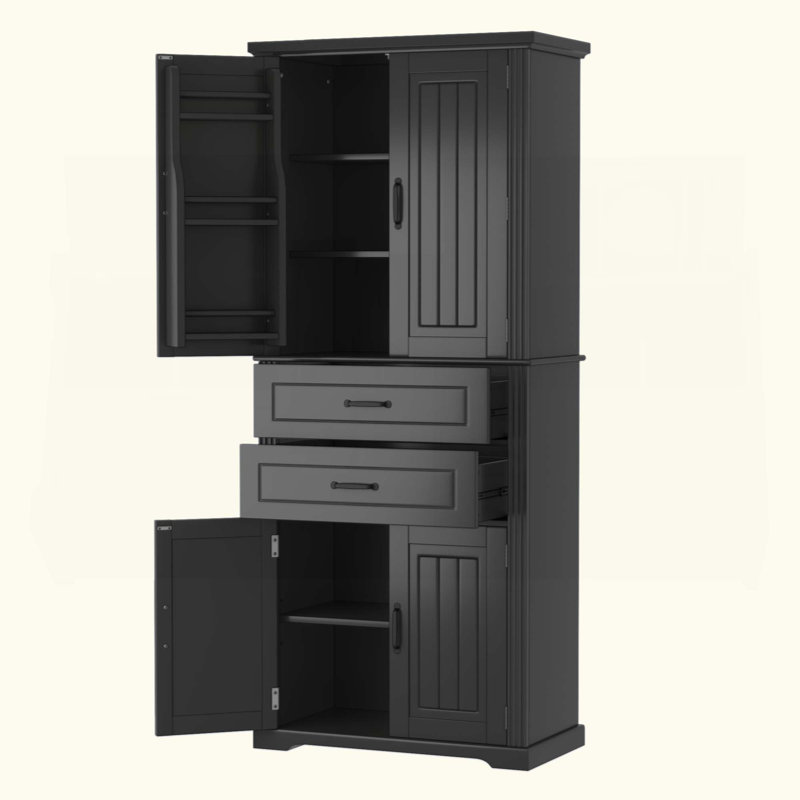 Armoire de rangement avec espace de rangement multifonctionnel, portes avec tablettes de rangement, 2 tiroirs, tablette réglable