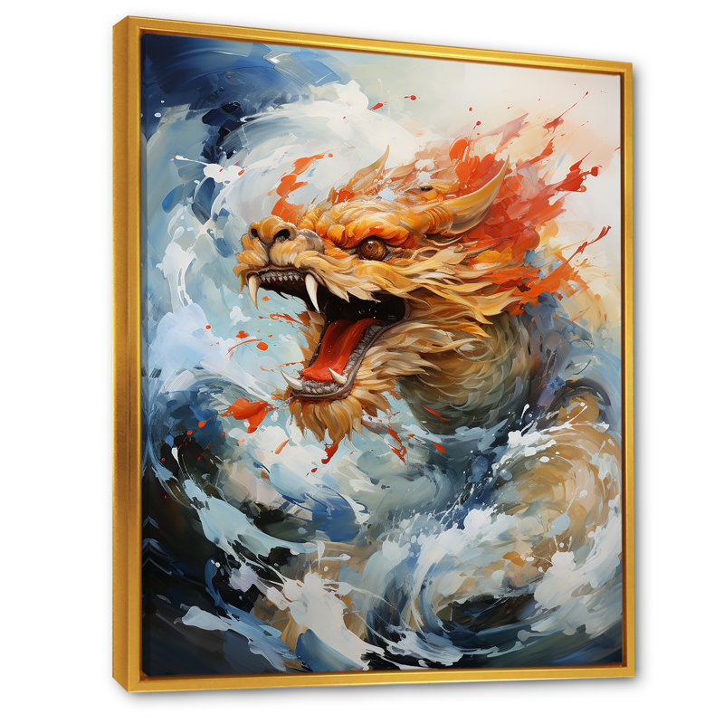 China Dragon Dance 3 - Art mural chinois, Cadre flottant doré, H 32 po x l 16 po x P 1 po