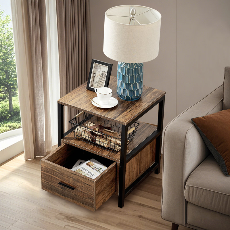 Bedside Table with 1 Drawers, Modern End Side Table with Storage Shelves, Metal Frame Nightstand for Bedroom, Living Room