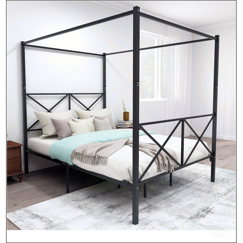 Cadre de lit à baldaquin en métal robuste, lit plateforme Queen avec design en forme de X et rangement sous le lit, aucun sommier requis