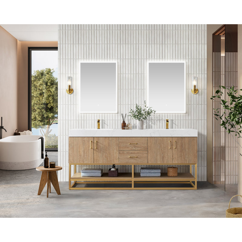 Ensemble de meuble-lavabo double 72 po Alistair, Doré, Blanc, Chêne noir nord-américain