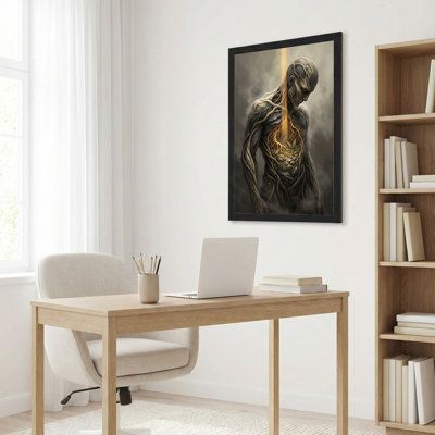 Toile noire encadrée en bois noir pour salon, chambre à coucher, bureau ou vestibule - décoration murale décorative avec créature fantastique