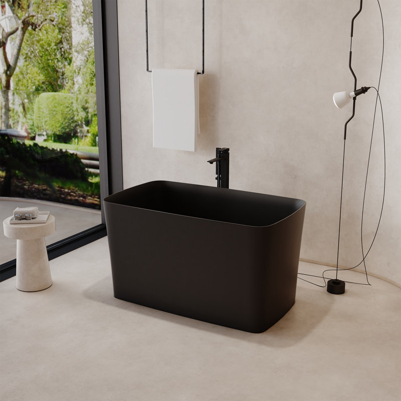 Gridley Casainc Rectangle Freestanding Soaking Solid Surface Resin Stone Bathtub, Matte Black