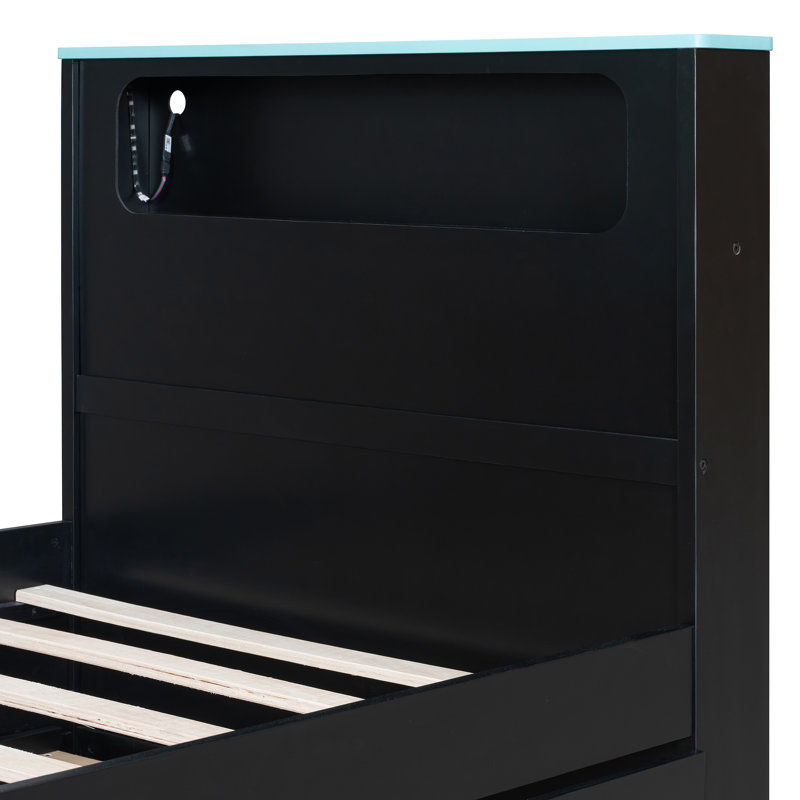 Modern Bed With Computer Desk, Trundle And Lighted Headboard, Wooden Daybed, Blue, Twin