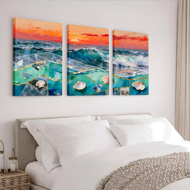 Ensemble de 3 tableaux muraux en mosaïque de coquillages et vagues au coucher du soleil, H 18 po x l 36 po