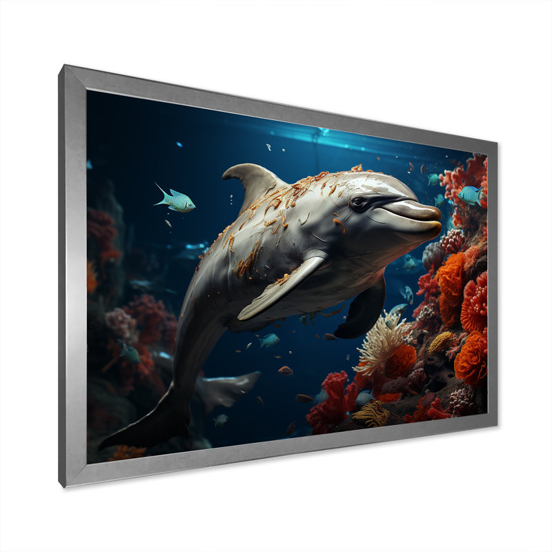 «Dolphin Eernal Dance I», reproduction sur toile, H 30 po x l 40 po x P 1,5 po, Cadre de coin argenté fermé