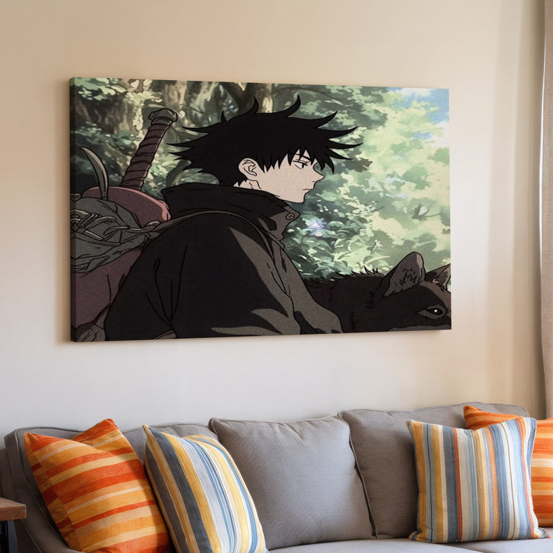 Reproduction d'art sur toile de style animé Warrior avec épée et loup en forêt, 11 x 14 in
