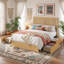 Structure de lit pleine grandeur en rotin avec 4 tiroirs de rangement, tête de lit en rotin tissé à la main en bois naturel, éclairage à DEL et support de lattes robuste, aucun sommier requis, style chambre à coucher Boho-730322231