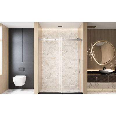 Porte de douche coulissante simple pour salle de bain, l 56 à 60 po x H 76 po, verre trempé transparent de 1/4 po et 6 mm avec film de preuve, rail carré en acier inoxydable et poignée en nickel brossé, conception américaine, silencieux