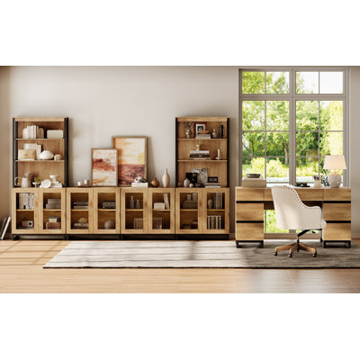  Home Office Set: 59" Modern Desk With Charging Station And Storage Cabinet, Two 72" Tall Bookcases With 3 Tiers And 4 Cabinets, Wood Computer Desk And Storage Cabinet For Work Study