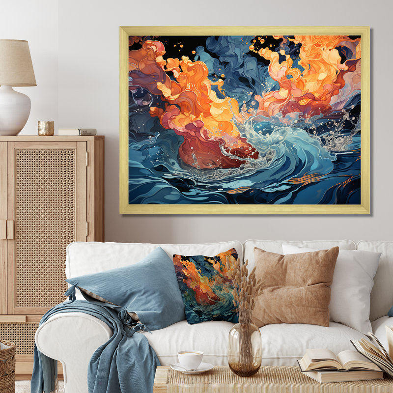Orange et bleu abstrait «Rolling Tides» - art mural vagues, Cadre doré à coins fermés, H 30 po x l 40 po x P 1,5 po