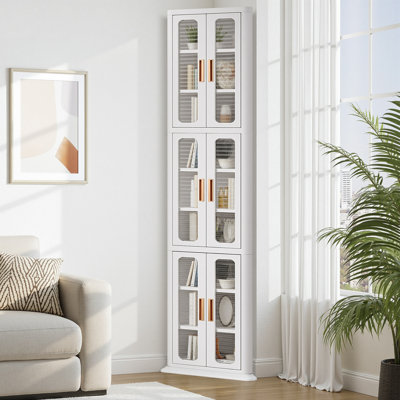 64'' Tall Corner Storage Cabinet with Doors & Shelves, White Bathroom Organizer, Kitchen Pantry, Living Room Display Cabinet, White Bookcase