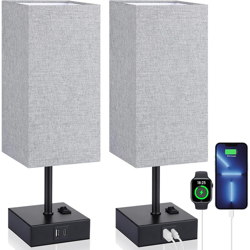 Ensemble de 2 lampes de table de chevet, lampe de chevet avec ports USB C + A, lampe de chevet avec abat-jour en tissu gris pour le bureau de la chambre à coucher