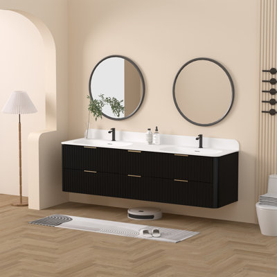 Meuble-lavabo flottant 84 po avec lavabo en acrylique intégré et meuble-lavabo mural en chêne noir avec tiroirs à fermeture en douceur 84 po