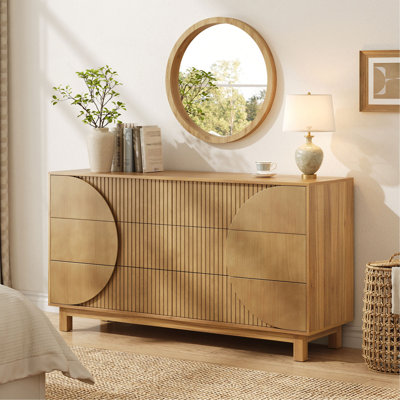 Commode cannelée moderne à 6 tiroirs, commode moderne de 60 po de largeur, meuble télé avec pieds en bois massif, organisateur de vêtements à 6 tiroirs profonds, armoire de rangement pour chambre à coucher, salon, entrée