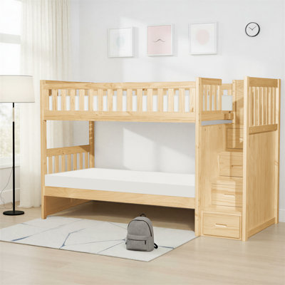 Kirthika Transitional Wood Twin over Twin Bunk Bed with Reversible Step Storage, Protective Guard Rails & Foundation-Free Design