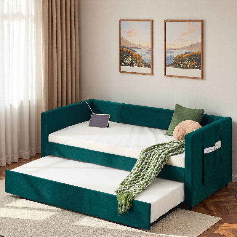 Upholstered Daybed With Trundle, Usb Port And Side Pockets, Emerald