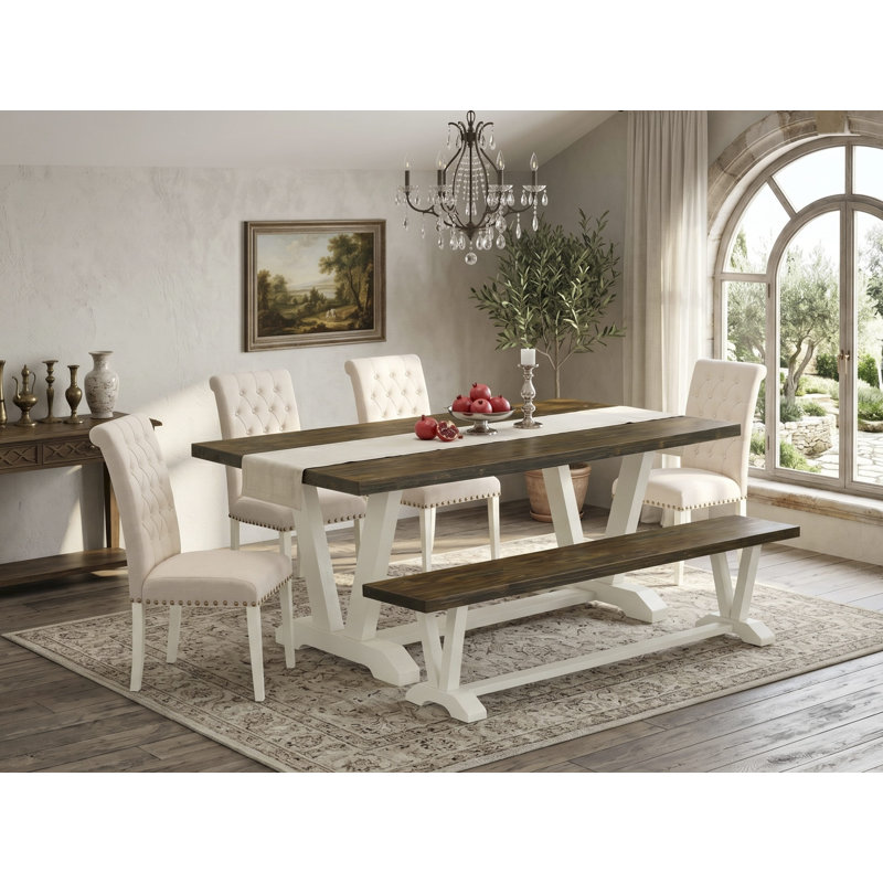 6-Piece Set Consists of a Distressed Jacobean Dining Room Table and a Wooden Bench and 4 Light Beige Linen Fabric Parson Chairs with Button Tufted Back - Wire Brushed Linen White