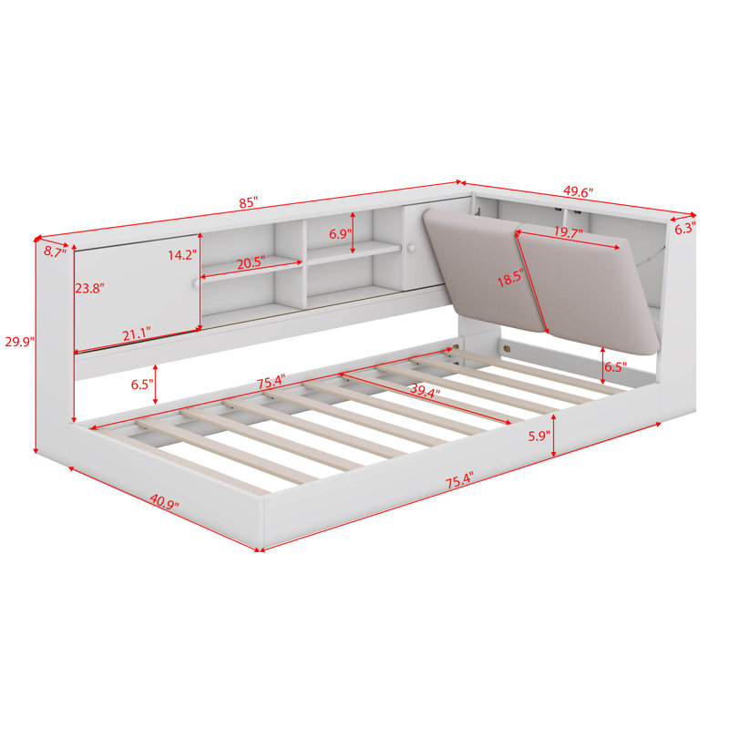 Twin Size Corner Bed With Drawers And Bookcase, White