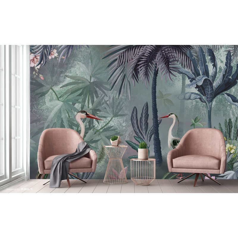 Papier peint Serene Tropical Oasis Herons And Palm Trees, L 110,04 po x l 122 po, Vert