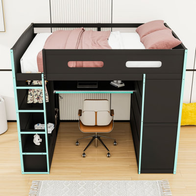 Full Wood Loft Bed With Desk, Storage Shelves, Wardrobe, USB Port And LED Light