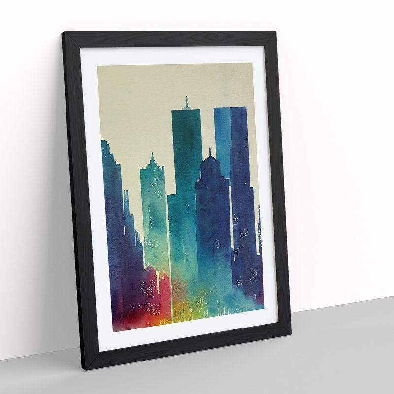 City Skyline Watercolour No.7 - Painting, 66cm H x 48cm W x 2cm D, Black Framed, White