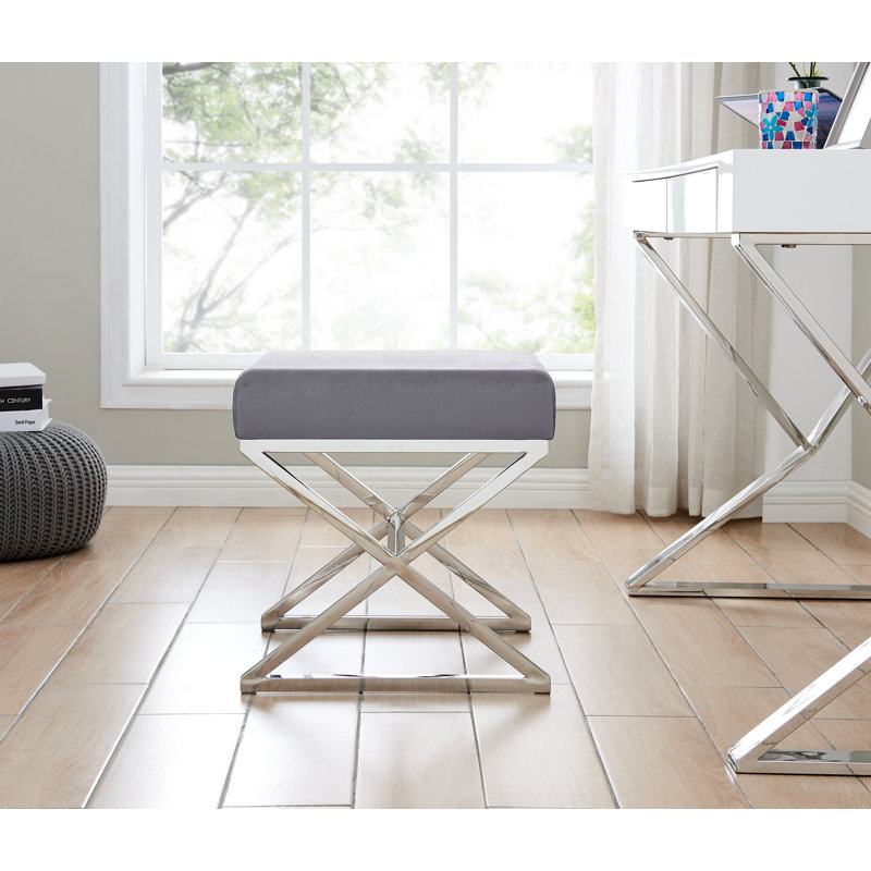 Jovie Velvet Upholstered Accent Dressing Table Chair - Modern Metal Chrome Design, Grey, Silver