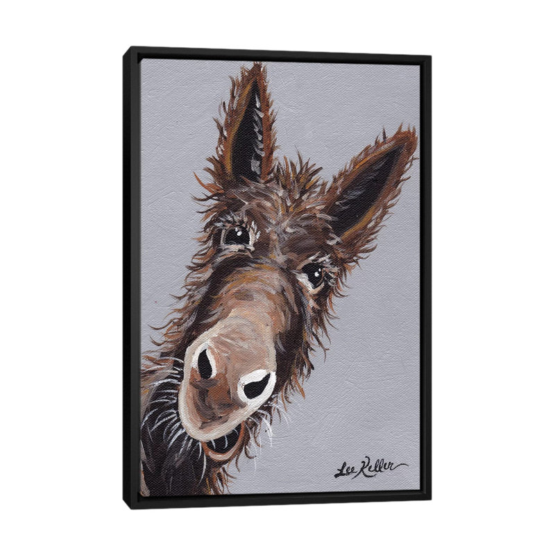 « rufus the donkey on gray » par hippie hound studios, reproduction d’art sur toile tendue, H 26 po x l 18 po x P 1,5 po