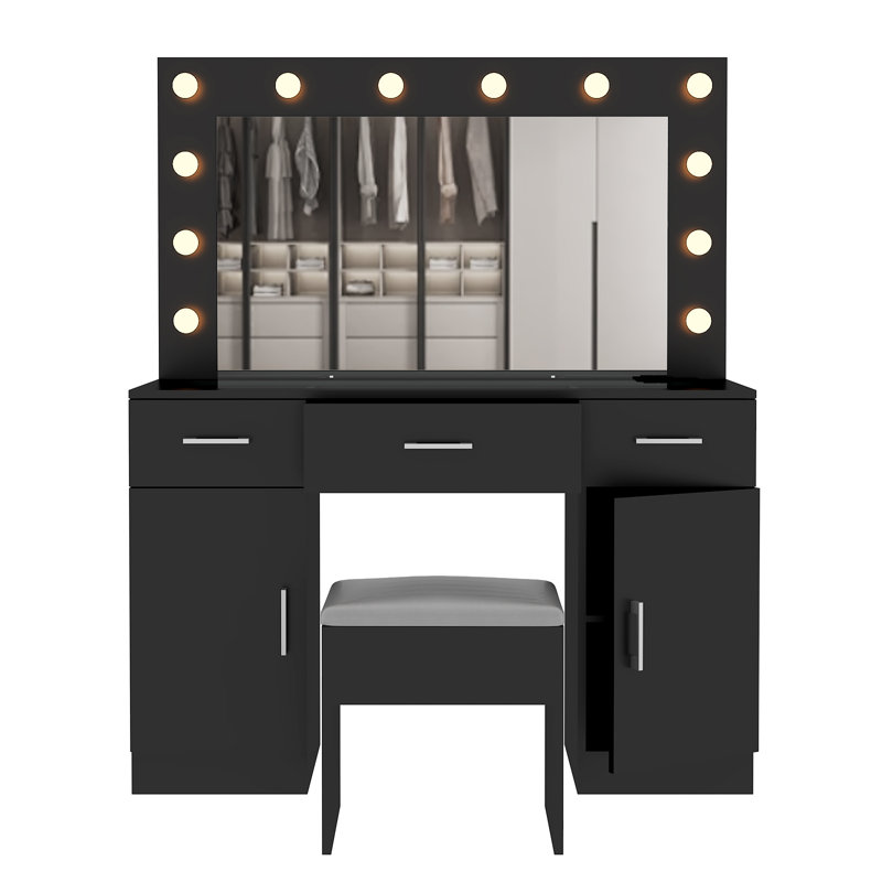 Ensemble de coiffeuse avec grand miroir lumineux à DEL et prise de courant, Noir, noir, noir, noir