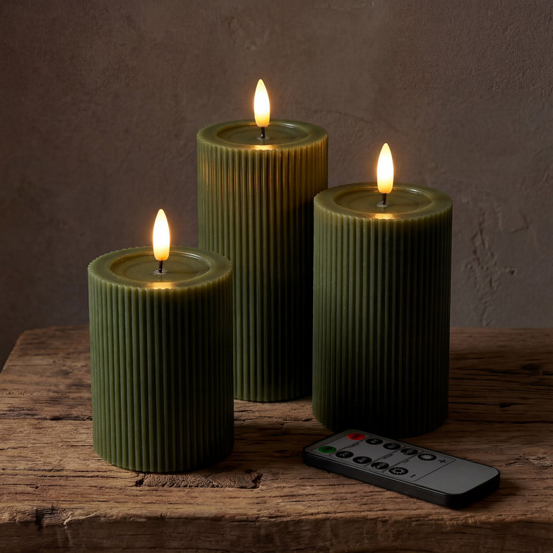 Fluted Ribbed LED Pillar Candles, with Reflective Melted-Wax Effect – Flickering Flame, Remote, Dimmable, Flameless, Battery Operated, Home & Wedding Decor (Set of 3)