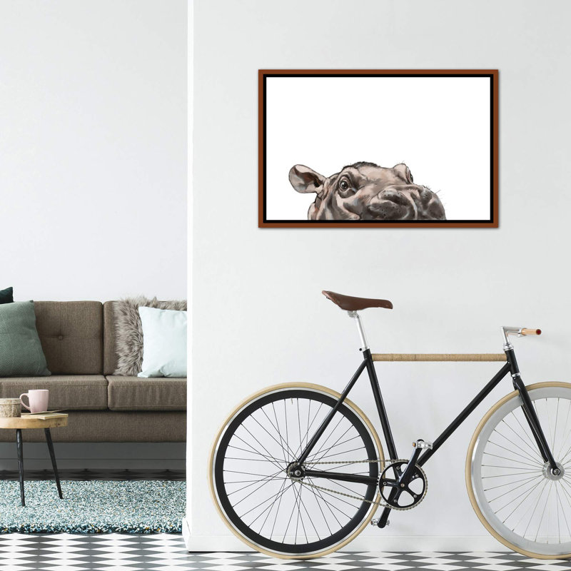 «Peeking Hippo» par Big Nose Work - impression d'art graphique, H 26 po x l 40 po x 1,5 po, Toile avec cadre en bois brun